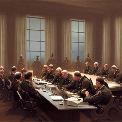 Rommel and the other German generals sit across from representatives of the Allied powers at a long conference table. The tension is palpable as they negotiate the terms of the peace treaty, with both sides trying to secure the best possible outcome for their respective countries.